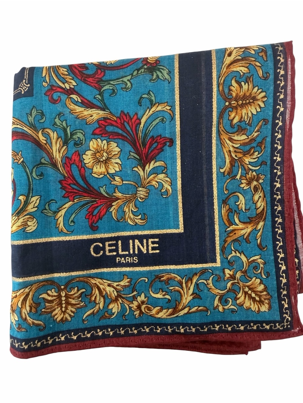 Celine Paris Baroque Vintage 80s-90s Cotton Scarf in Teal, Gold & Burgundy - Picture 1 of 4